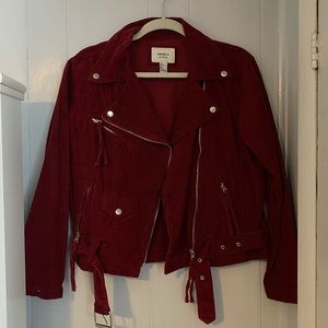 F21 Dark Red Belted Corduroy Moto Jacket